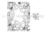 Red rubber stamp line art of a whimsical floral background with tucked-in bees and the sentiment 'You're the bee's knees'.