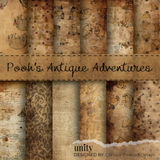 Pooh's Antique Adventures 6x6 paper pack. Aged sepia papers with classic Winnie the Pooh illustrations and vintage script.