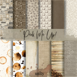 6x6 paper pack of coffee-themed papers - coffee-word text, rings and warm neutral patterns - titled Perk Me Up.