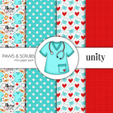 Cover of the Paws & Scrubs mini paper pack from Unity Stamp Co — a teal scrubs top with a stethoscope graphic surrounded by teal polka dots, medical and paw-print patterns and red hearts.