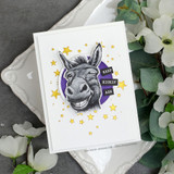 Clean card with the donkey winking in a purple circle among yellow stars: 'keep kickin' ass.'