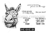 Black-and-white stamp set of a grinning donkey with punny sentiments: 'you're the hee to my haw,' 'You deserve a BIG ASS thank you,' 'keep kickin' ass,' and 'I was an ass, I'm really sorry.'