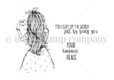 Red rubber stamp sheet with a long haired girl in a full skirt, beside 'YOU LIGHT UP THE WORLD just by being you' and 'YOUR kindness HEALS'.