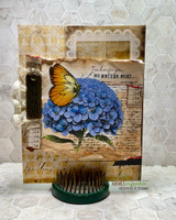 Vintage collage card of the monarch on blue hydrangeas with 'I am here for you no matter what'