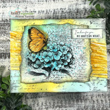 Yellow-washed art card of the butterfly on teal hydrangeas over script texture with the here-for-you sentiment