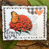 Orange-red hydrangea version on script background with a 'hey it's ok' circle