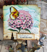 Soft pink hydrangea card with torn edges and 'I am here for you no matter what' on a label