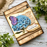 Blue hydrangea card on aged book-page panels with the here-for-you sentiment