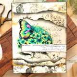 Dramatic torn-paper card of a rainbow-toned butterfly and green hydrangea with the feelings sentiment
