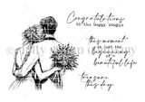 Black-and-white stamp art of a couple embracing from behind with a bouquet, and 'Congratulations to the happy couple,' 'this moment is just the beginning of a beautiful life,' and 'treasure this day.'