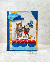 Card with a vintage cartoon mouse steering a ship's wheel over a blue wave border and 'Full steam ahead.'