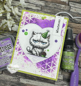 Purple mixed-media card with the grumpy party-hat cat on a heart background and the 'Whatever' sentiment.