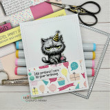 Handmade birthday card with the grumpy party cat colored gray, captioned 'Let's pretend I care, it's your birthday.'