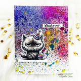 Vibrant card with the grumpy cat over a splattered jewel-tone background and the word 'Whatever.'
