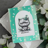 Teal arched card with the grumpy party-hat cat and the word 'Whatever.'