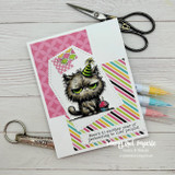 Bright striped card with the grumpy party cat, captioned 'Here's to another year of pretending to like people!'