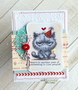 Card with the grumpy party-hat cat on navy floral paper, captioned 'Here's to another year of pretending to like people!'