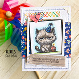 Bright pieced card with the grumpy party cat on polka-dot and striped papers, captioned 'Let's celebrate by leaving me alone.'
