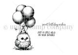 Black-and-white Bitty Birthday Bash stamp set: a party-hat chick with balloons, 'sweet birthday wishes' and 'just a little hello on your birthday.'