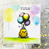 Soft card with the party chick and colorful balloons, 'just a little hello on your birthday.'
