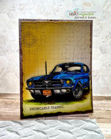 Blue Mustang on a yellow hexagon-stenciled card with 'Undeniably classic' banner.