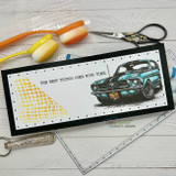 Slimline teal Mustang card with 'The best things come with time' and orange stencil accents.