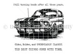 Red rubber stamp sheet with a detailed classic muscle car in three quarter view, beside 'Still turning heads after all these years.' and 'THE BEST THINGS COME WITH TIME.'