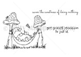 Red rubber stamp sheet with a gnome dozing in a hammock strung between two spotted toadstools, a butterfly and a ladybug nearby, beside sentiments reading 'savor the sweetness of doing nothing' and 'give yourself permission to just be'.