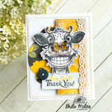 Card with the grinning cow and a bee on yellow florals, captioned 'Hay Y'all! Thank You!'