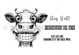 Unity Stamp Co red rubber stamp set by Angie Blom showing a goofy grinning cow, with sentiments like 'Hay Y'all!' and 'Live life like someone left the gate open.'