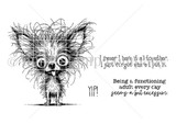 Black-and-white stamp set layout of the Chihuahua with "YIP" and the adulting sentiments