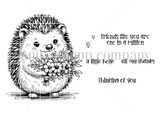 Red rubber stamp art of Lisa Arana's flower-toting hedgehog with hello, thanks and one-in-a-million sentiments