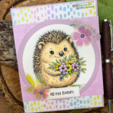 Pastel confetti card of the hedgehog with purple flowers, 'all my thanks' banner