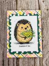 Plaid card of the hedgehog and yellow bouquet, 'Thinking of You' sentiment