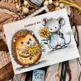 Duo card of the hedgehog and a tiny mouse in overalls sharing a sunflower, 'thinking of you'