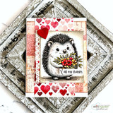 Red heart collage card of the hedgehog holding bright red flowers, 'all my thanks'