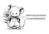 Line-art red rubber stamp set 'Lil' Bloomer' showing a cute mouse in overalls holding a large flower, with sentiments 'You make everything bloom' and 'sending a little love your way.'