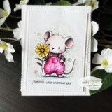 A card project showing a cute mouse in overalls holding a flower, paired with the greeting "You make everything bloom."