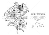 Line-art stamp sheet: Angie Blom's tiger lilies with 'With sympathy' and 'Take things one day at a time' red rubber stamps, Unity Stamp Co.