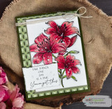 Angie Blom's cluster of tiger lilies with 'With sympathy,' a comforting red rubber floral stamp shown on a handmade sympathy card.