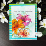 Angie Blom's cluster of tiger lilies with 'With sympathy,' a comforting red rubber floral stamp shown on a handmade sympathy card.
