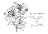 Red rubber stamp sheet with a cluster of open lilies and buds, alongside 'WITH SYMPATHY', 'TAKE THINGS ONE DAY AT A TIME' and 'You've got this'.