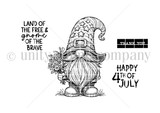 Line-art stamp of a patriotic gnome holding flowers with sentiments 'land of the free & gnome of the brave,' 'Happy 4th of July' and 'thank you.'