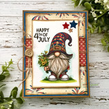 Card of the star-spangled gnome on firework papers, 'Happy 4th of July.'