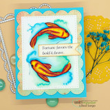 Bright card with two koi and a scalloped frame above 'Fortune favors the bold & brave'.