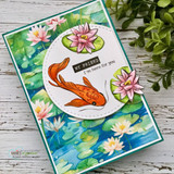 Card with a koi among pink water lilies and a 'My friend, I'm here for you' sample sentiment.