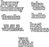 Product image of the Happy Hello die collection from Unity Stamp Co — seven metal word dies reading 'happy birthday', 'take care', 'thanks', 'hello', 'you are so wonderful', 'best wishes' and 'you are loved'.