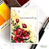 Card with red-orange blooms on golden watercolor — 'you're as sweet as honey' in script