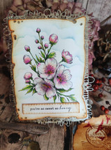 Vintage-edged tag card with soft pink floral bunch and honey sentiment