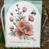 Arched card of peach wildflower blooms with a bumblebee. You're as sweet as honey.